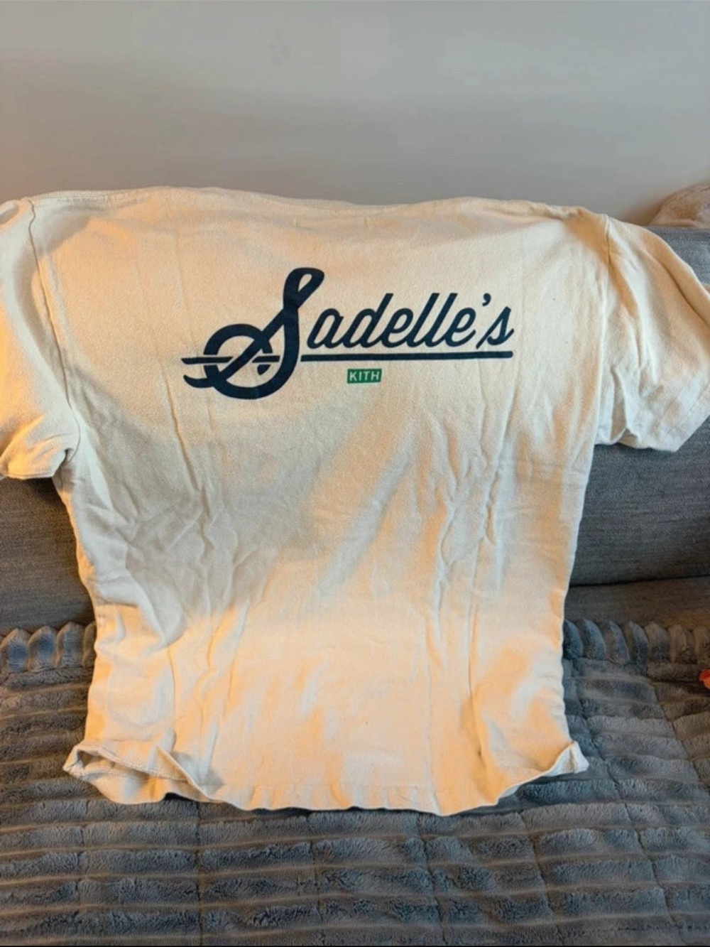 Kith Cream Sadelle's Logo Tee with Navy and Green Accents